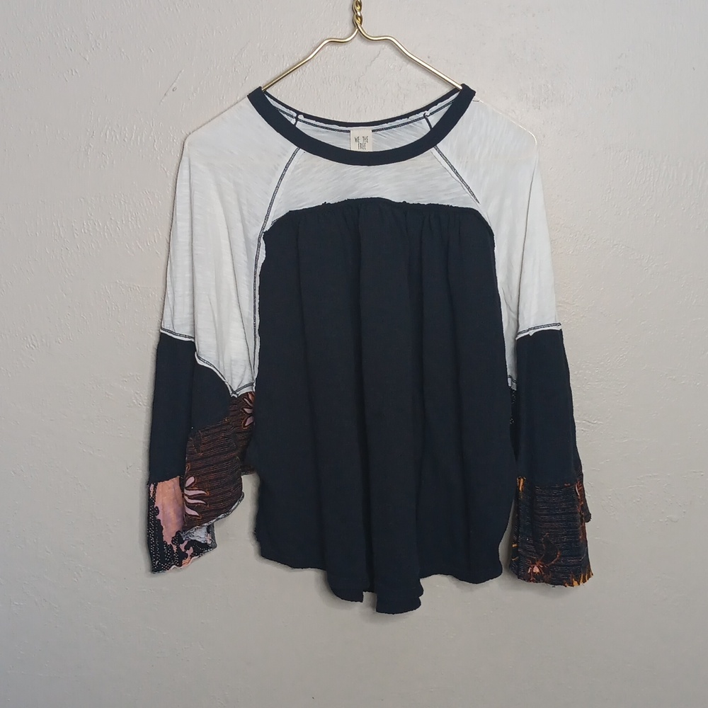 Free People Black and White Peasant-Style Long Sleeve Blouse